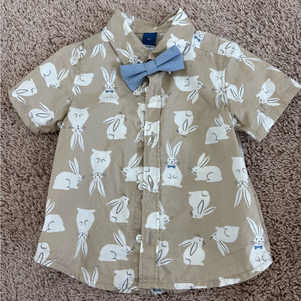 Kids Tan Bunny Print Shirt with Bow Tie